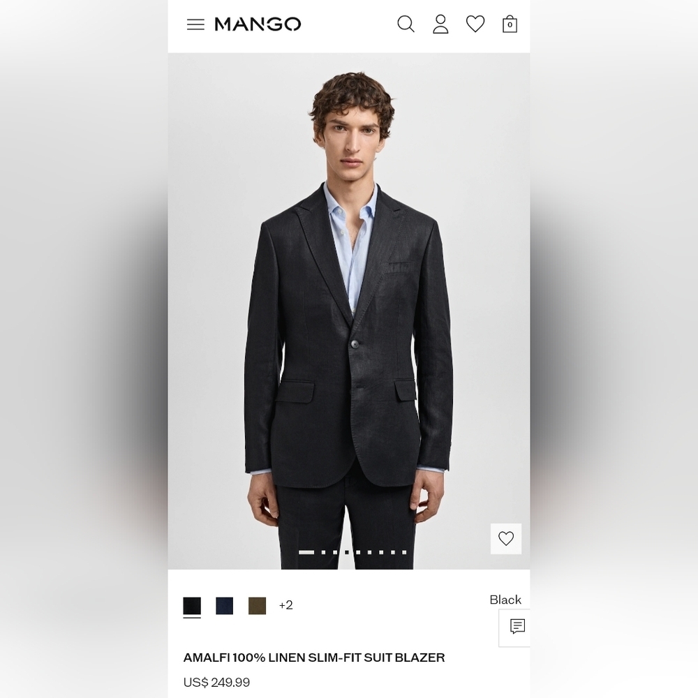Mango Mens Slim Fit Tailored Sz 44 Black Linen Blazer. Unlined. 100% Linen NWT